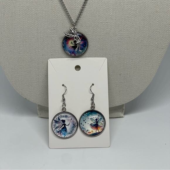 Hand Crafted Blue Black Silver Fairy Pendant Necklace & Earring Set NWT OS - Picture 3 of 6